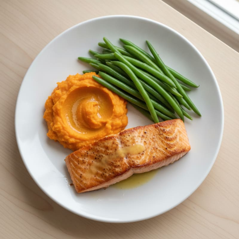 Seared Salmon with Steamed Green Beans and Mashed Sweet Potato