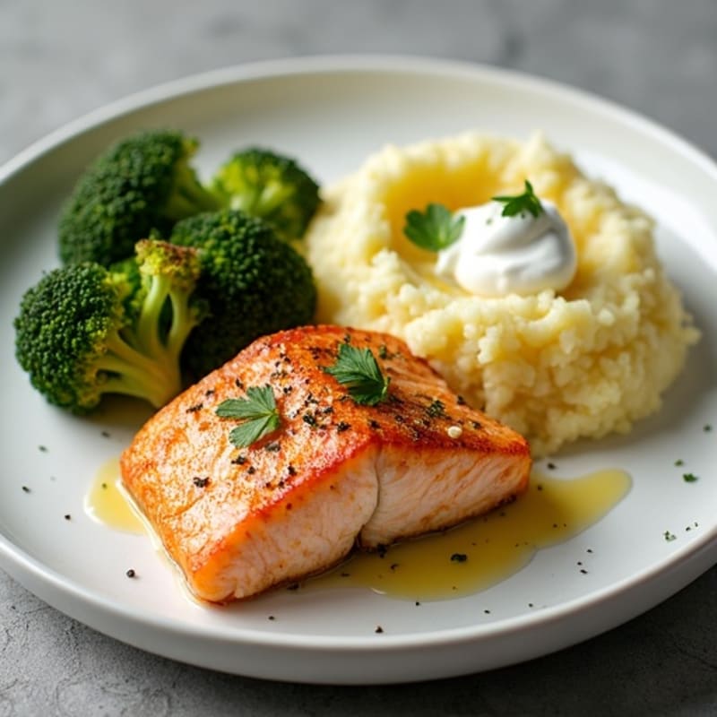 Pan-Seared Salmon with Roasted Broccoli and Garlic Mash