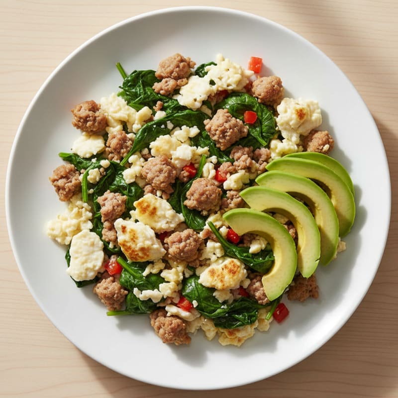 Scrambled Egg Whites with Turkey Sausage and Sautéed Spinach