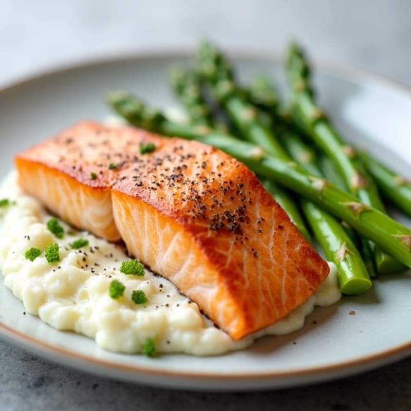Seared Salmon with Steamed Asparagus and Garlic Mashed Cauliflower