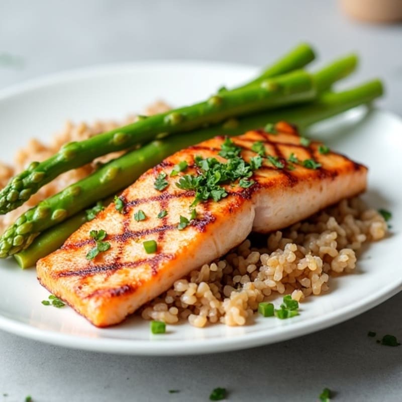 Seared Salmon with Steamed Asparagus and Brown Rice