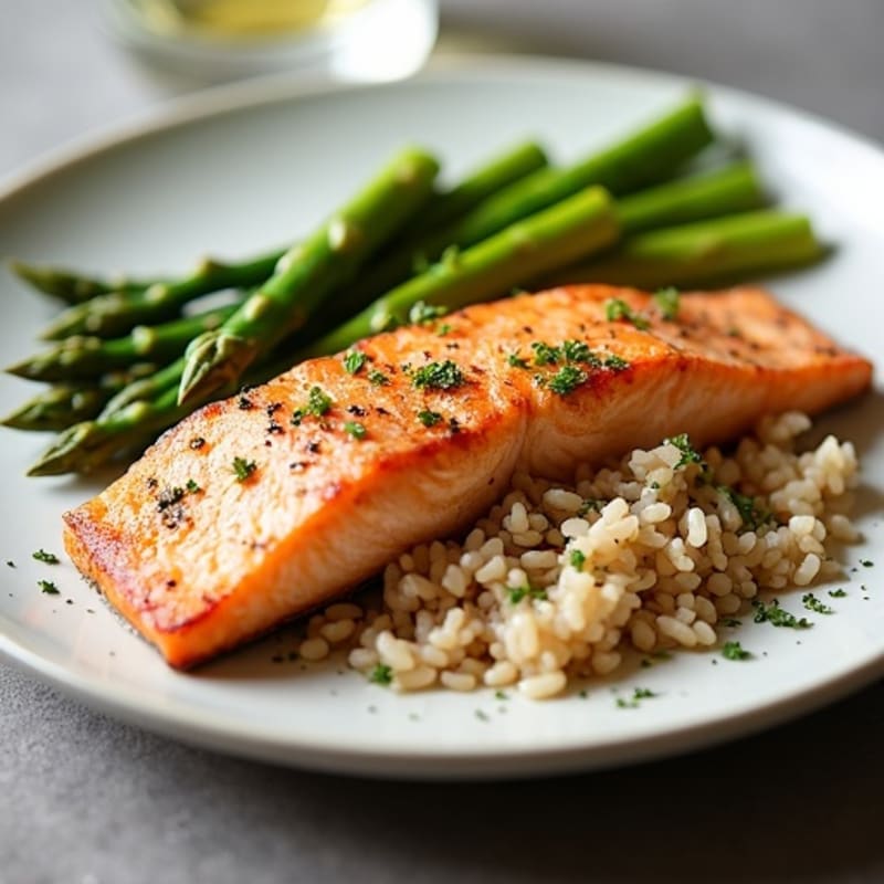 Seared Salmon with Steamed Asparagus and Brown Rice