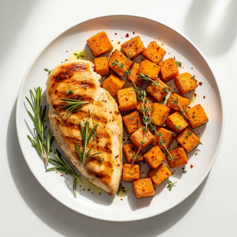 Herb-Grilled Chicken Breast with Roasted Sweet Potato Cubes