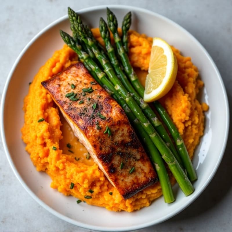Seared Salmon Fillet with Steamed Asparagus and Sweet Potato Mash