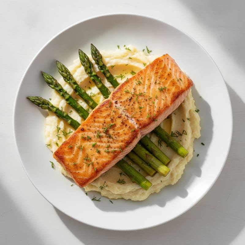Seared Salmon Fillet with Roasted Asparagus and Cauliflower Mash