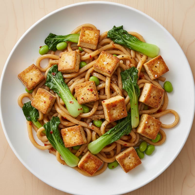 Pan-Seared Tofu Udon with Garlic Sauce