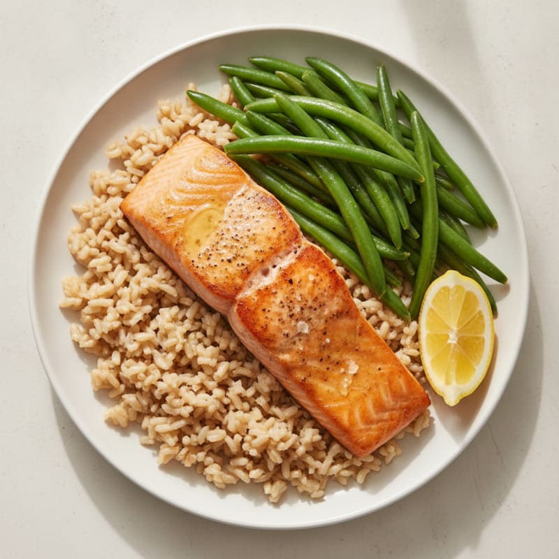 Seared Salmon with Steamed Green Beans and Brown Rice