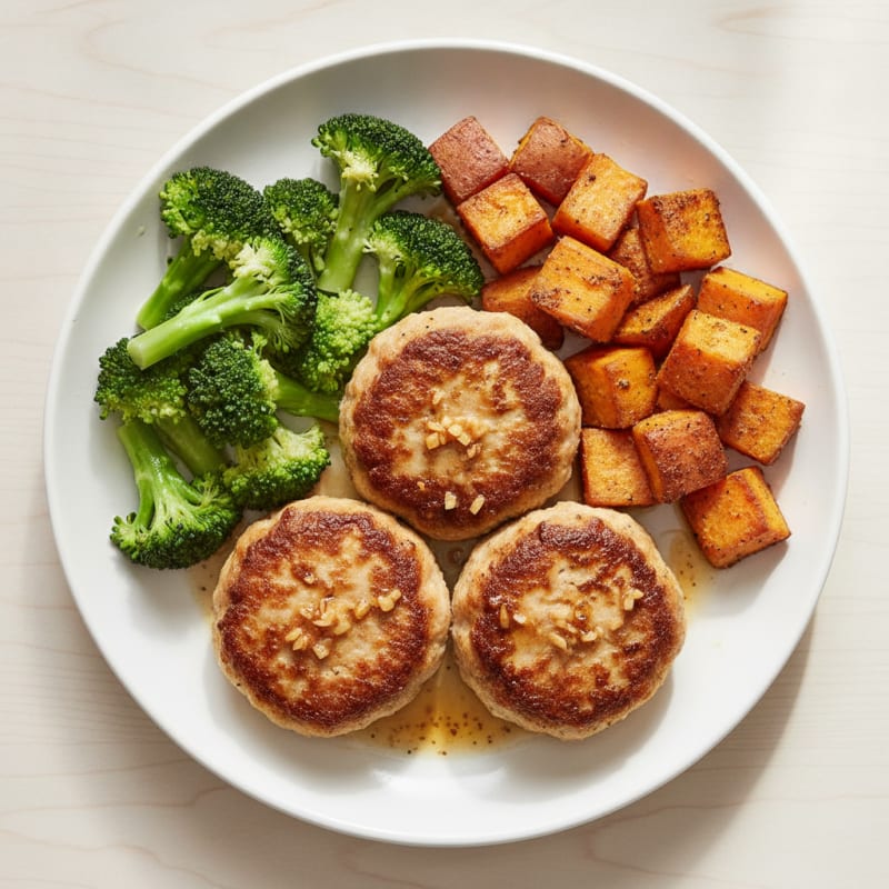 Seared Turkey Patties with Steamed Broccoli and Roasted Sweet Potato