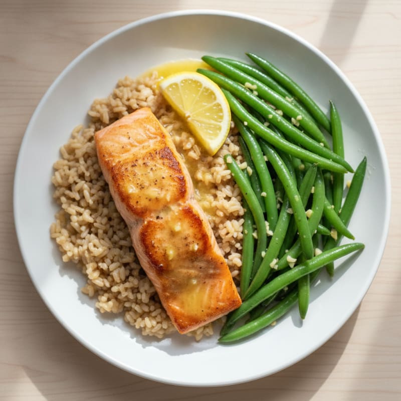 Seared Salmon with Garlic Green Beans and Brown Rice