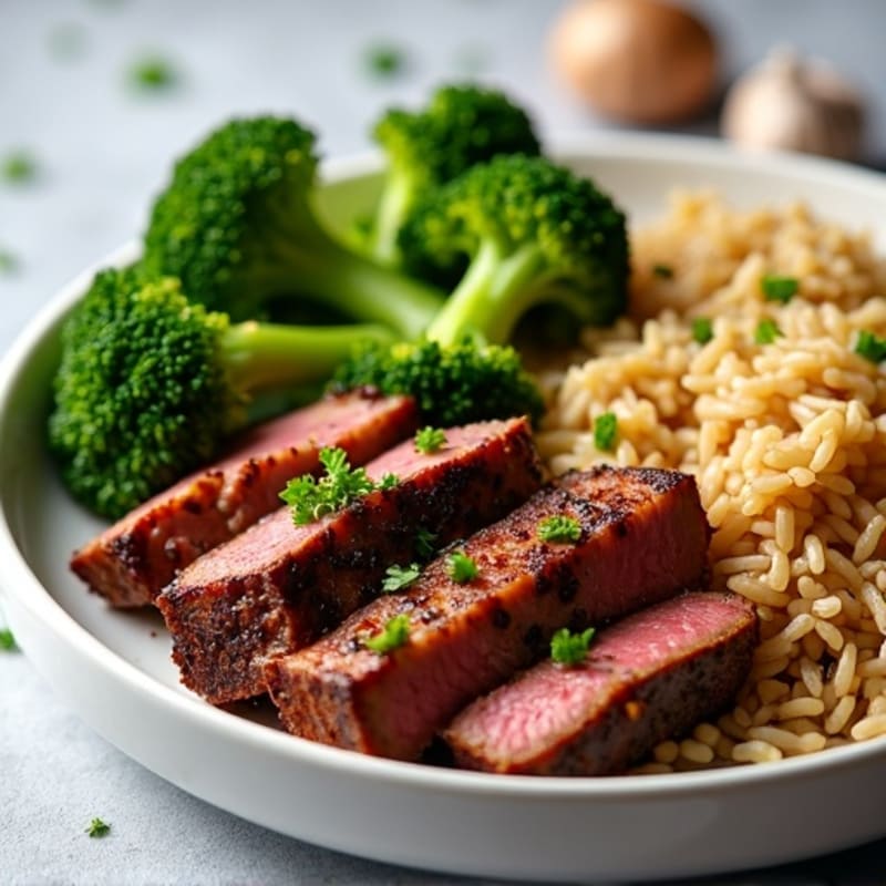 Garlic Ginger Seared Beef with Tender Broccoli and Brown Rice
