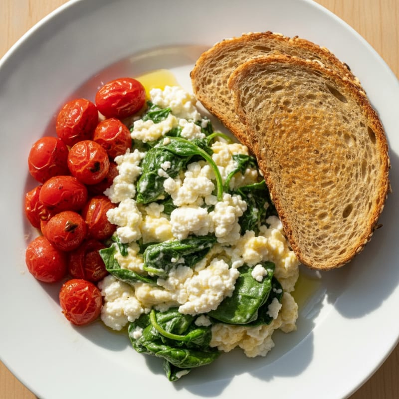 Egg White Spinach Scramble with Cottage Cheese and Cherry Tomatoes