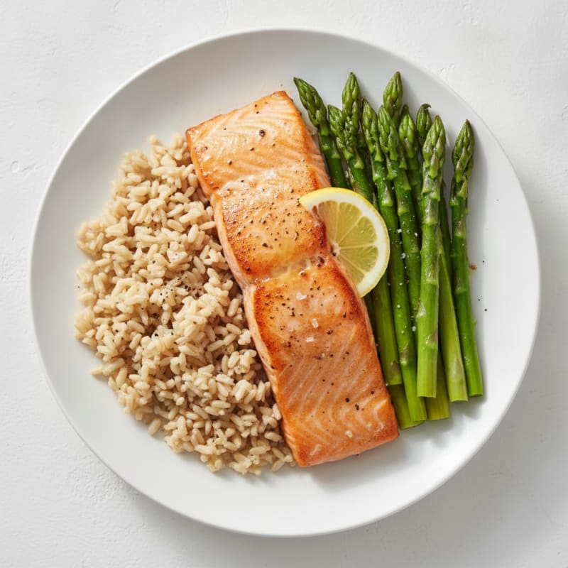 Seared Salmon Fillet with Steamed Asparagus and Brown Rice