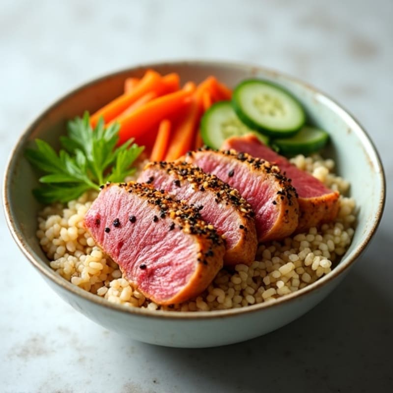 Sesame-Crusted Tuna Rice Bowl with Fresh Vegetables