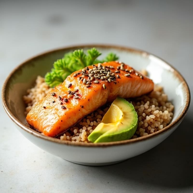 Crispy Salmon Rice Bowl with Creamy Avocado and Sesame Dressing