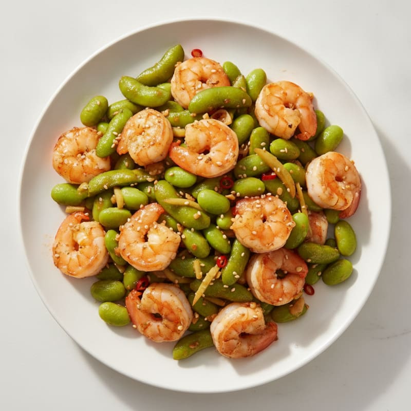 Garlic-Sesame Edamame & Shrimp Sauté