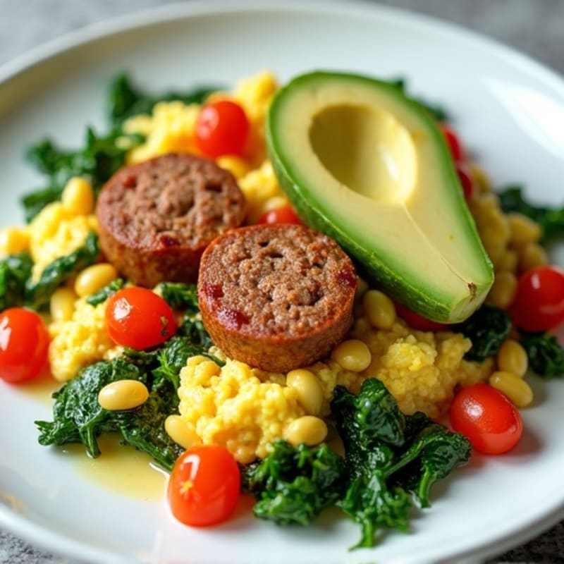 Egg White Spinach Scramble with Turkey Sausage and Sliced Avocado