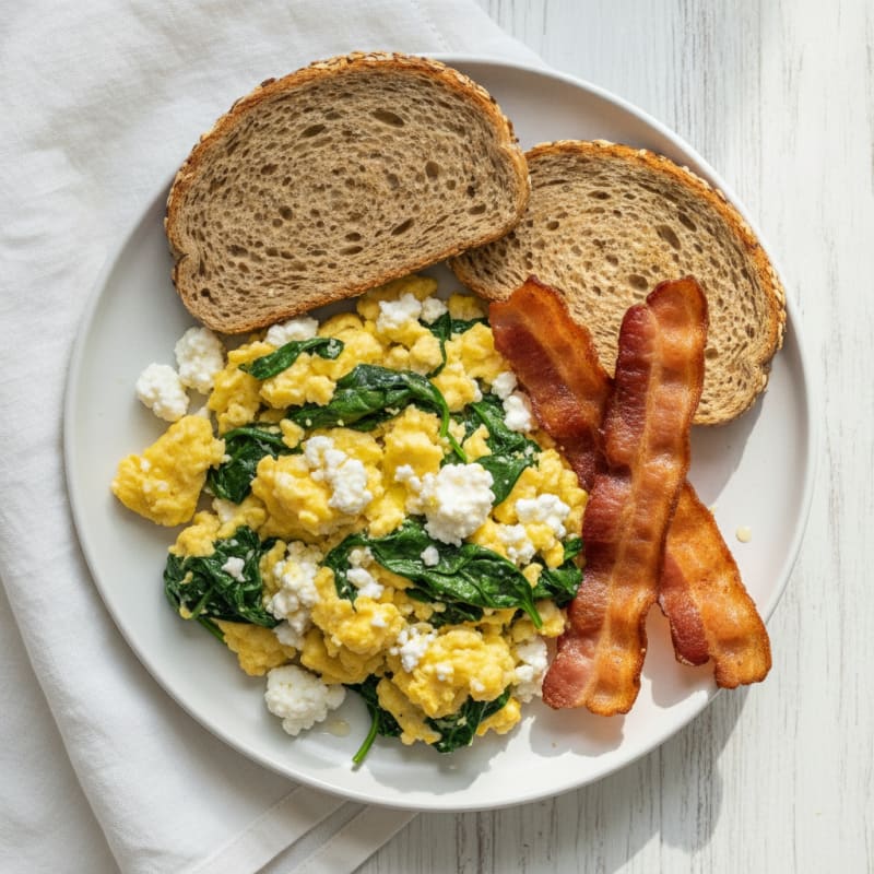Cottage Cheese Egg Scramble with Spinach and Turkey Bacon