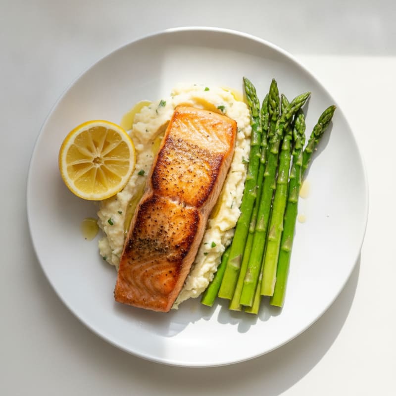 Seared Salmon with Steamed Asparagus and Garlic Mashed Cauliflower