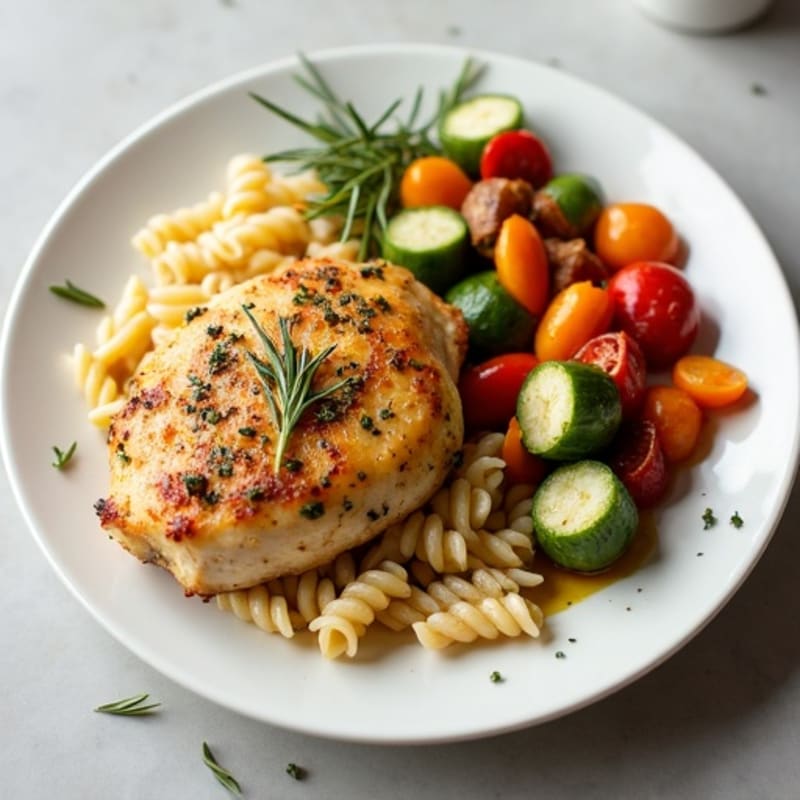 Herb-Roasted Chicken with Steamed Vegetables and Pasta