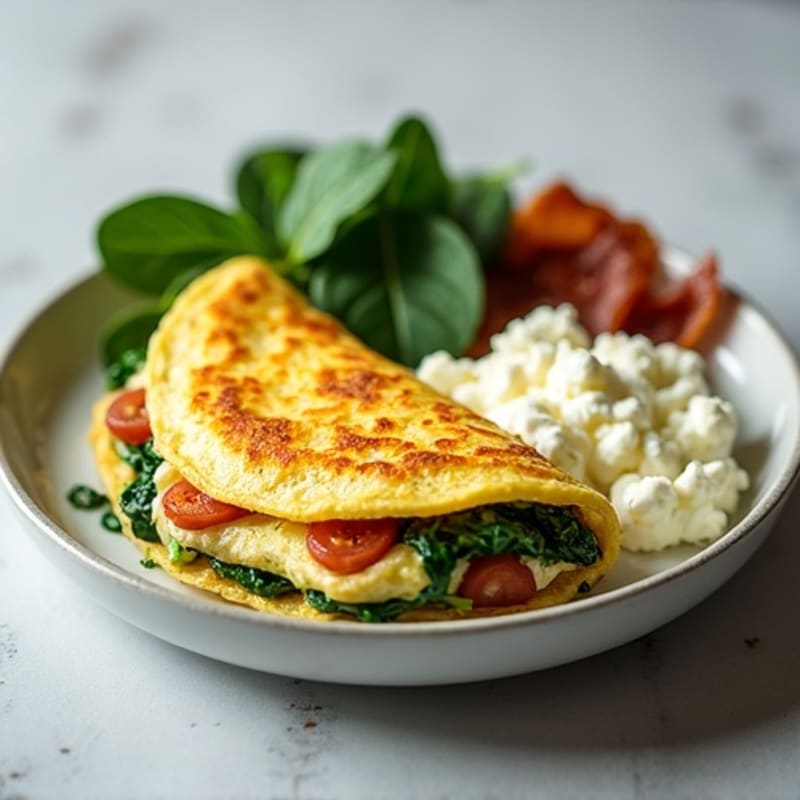 Egg White Spinach Omelette with Cottage Cheese and Turkey Bacon