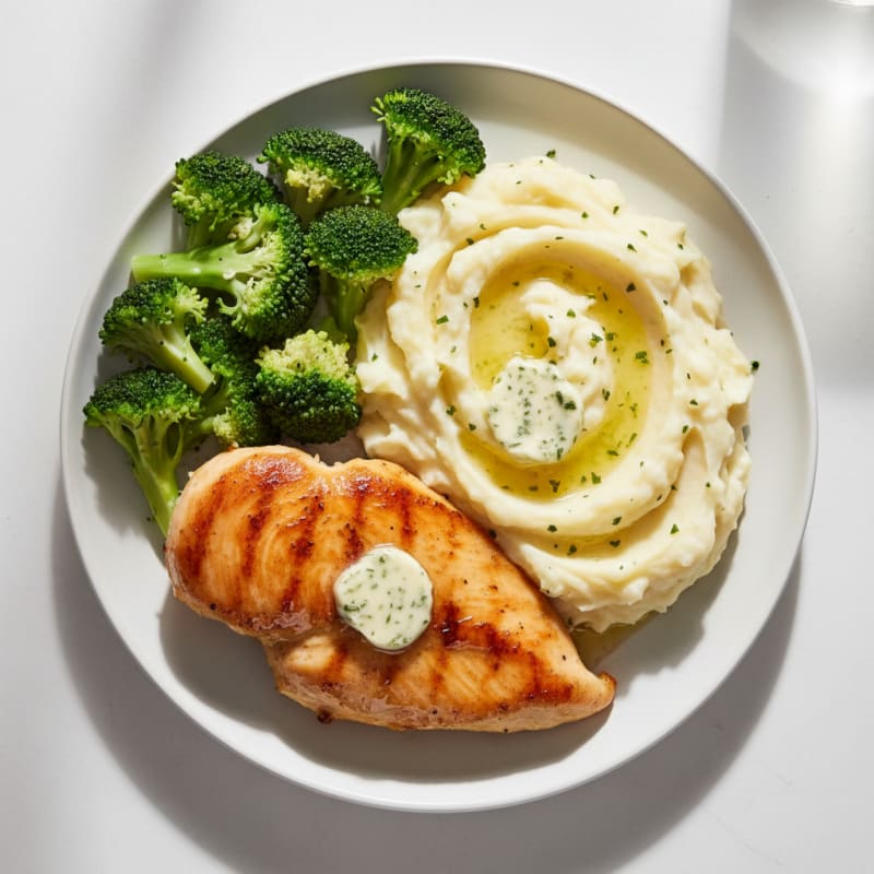 Seared Chicken Breast with Garlic Mashed Potatoes and Steamed Broccoli