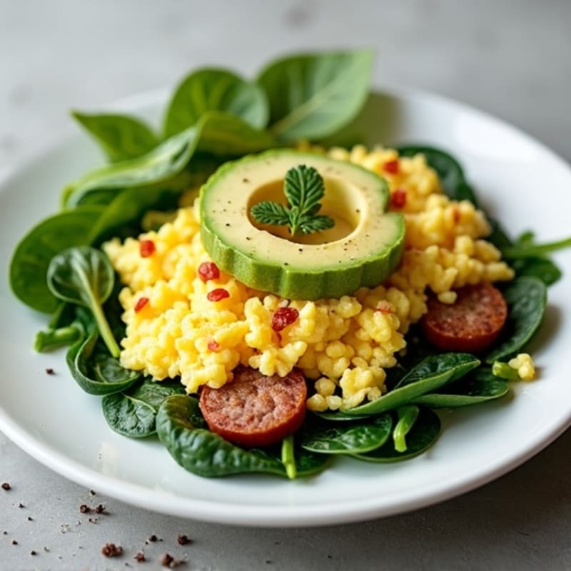 Egg White Scramble with Turkey Sausage and Sautéed Spinach