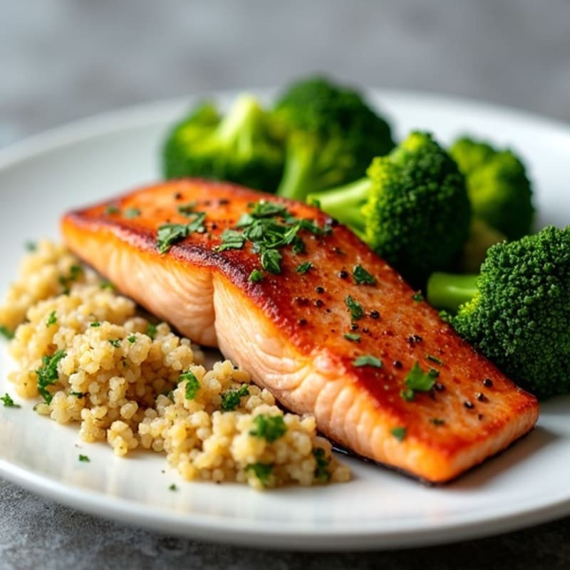 Seared Salmon Fillet with Steamed Broccoli and Garlic Quinoa