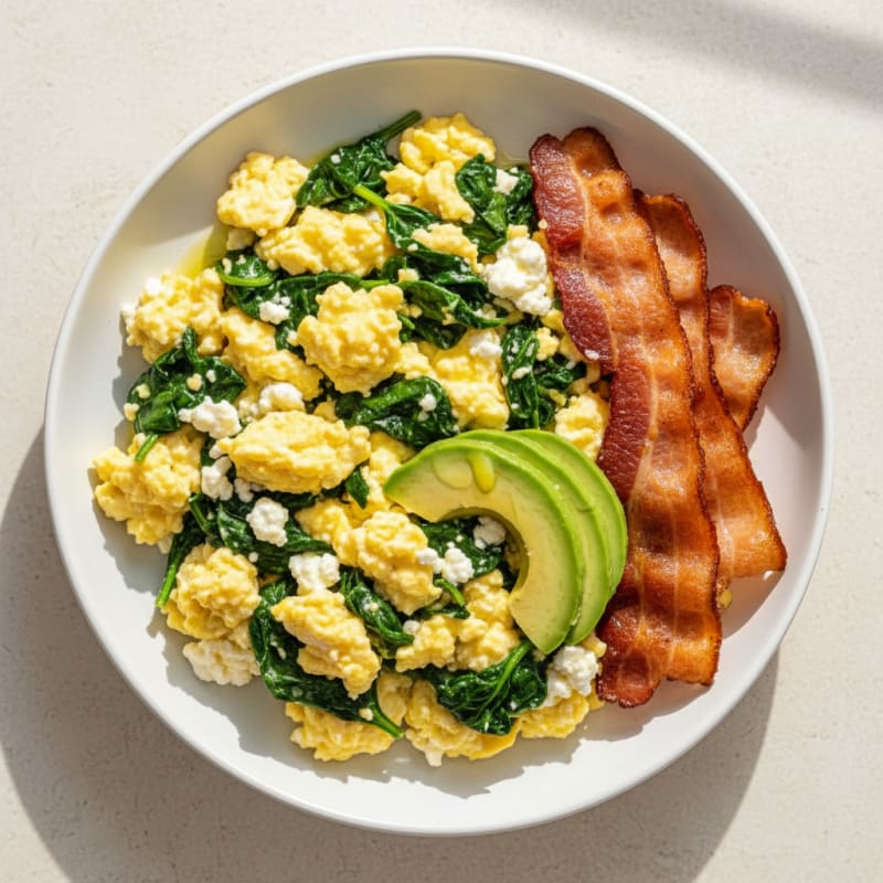 Cottage Cheese Scramble with Turkey Bacon and Spinach