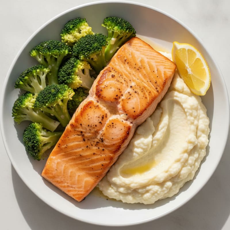 Seared Salmon with Steamed Broccoli and Cauliflower Mash