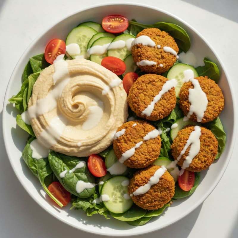 Falafel Salad Bowl with Hummus and Tomatoes
