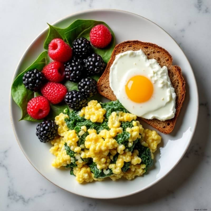Egg White Spinach Scramble with Cottage Cheese and Berries