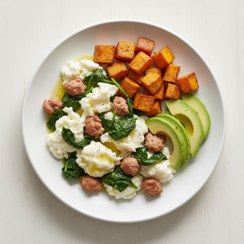 Egg White and Turkey Sausage Scramble with Sautéed Spinach