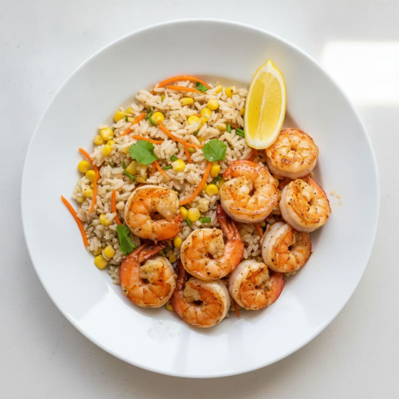 Pan-Seared Prawns with Garlic Corn Rice