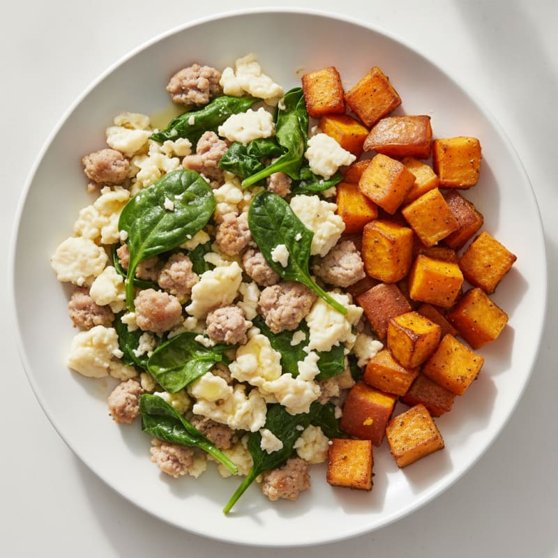 Egg White and Turkey Sausage Scramble with Spinach and Roasted Sweet Potato