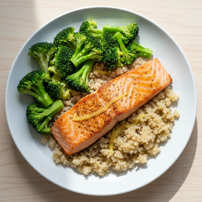 Seared Salmon with Steamed Broccoli and Quinoa