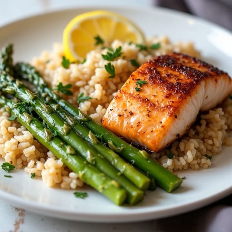 Seared Salmon with Steamed Asparagus and Brown Rice