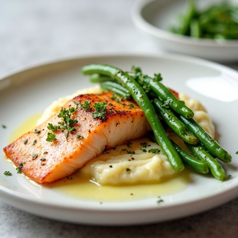 Seared Salmon with Garlic Green Beans and Cauliflower Mash