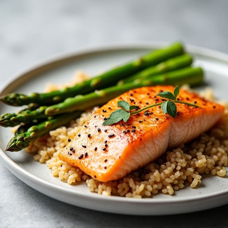Seared Salmon with Steamed Asparagus and Brown Rice