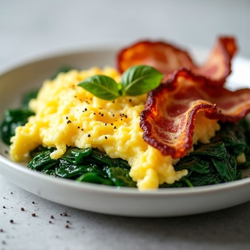 Fluffy Scrambled Eggs with Sautéed Spinach and Crispy Turkey Bacon