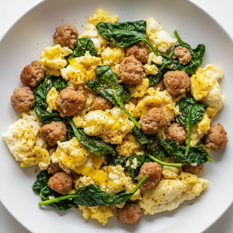 Crispy Egg White and Turkey Sausage Scramble with Spinach