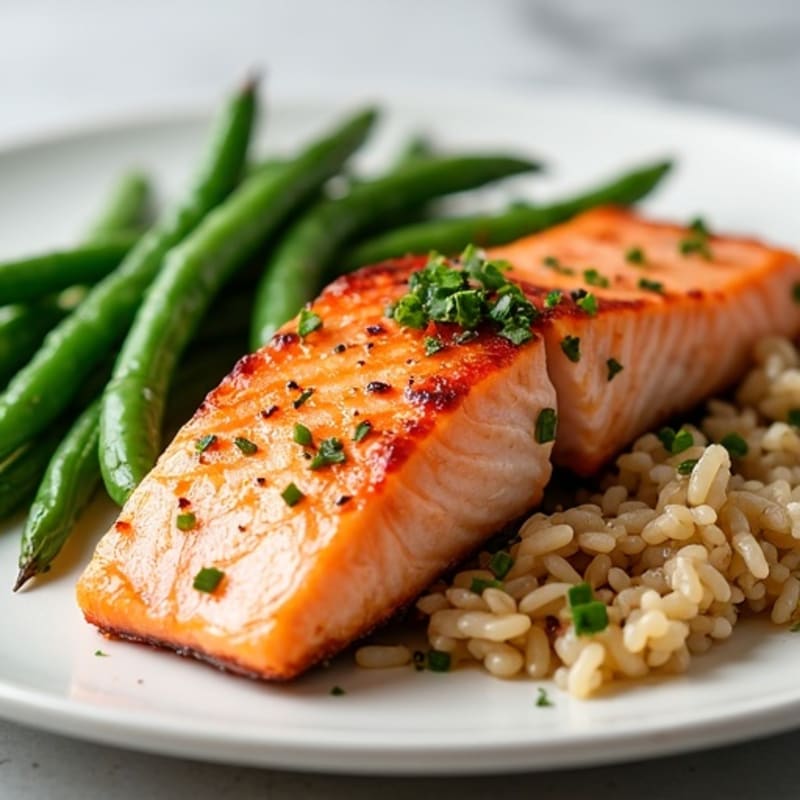 Seared Salmon with Garlic Green Beans and Brown Rice