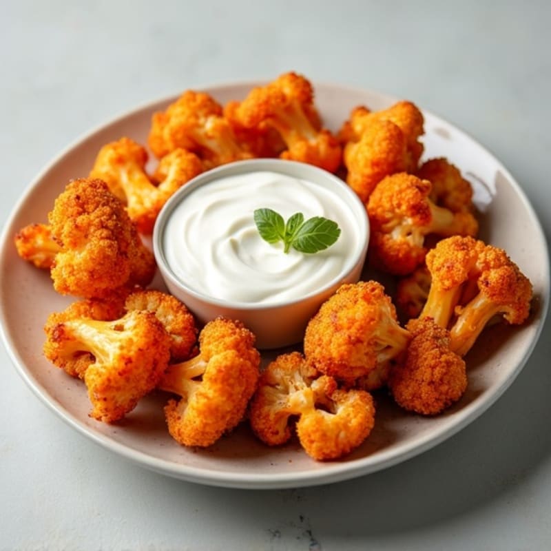 Crispy Buffalo Roasted Cauliflower Bites with Greek Yogurt Dip