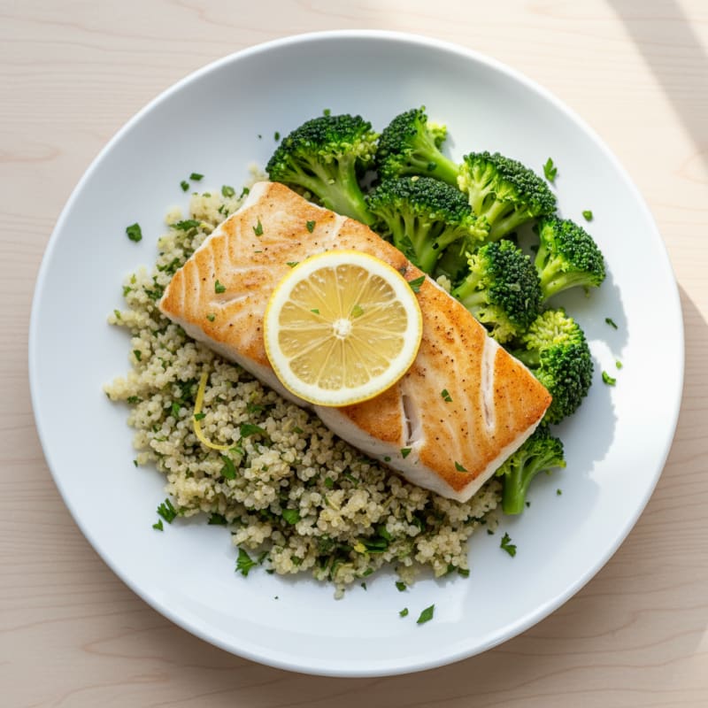 Seared Cod with Steamed Broccoli and Lemon Herb Quinoa