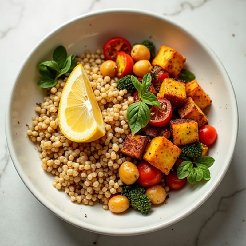 Crispy Chickpea and Roasted Vegetable Grain Bowl with Creamy Lemon-Tahini