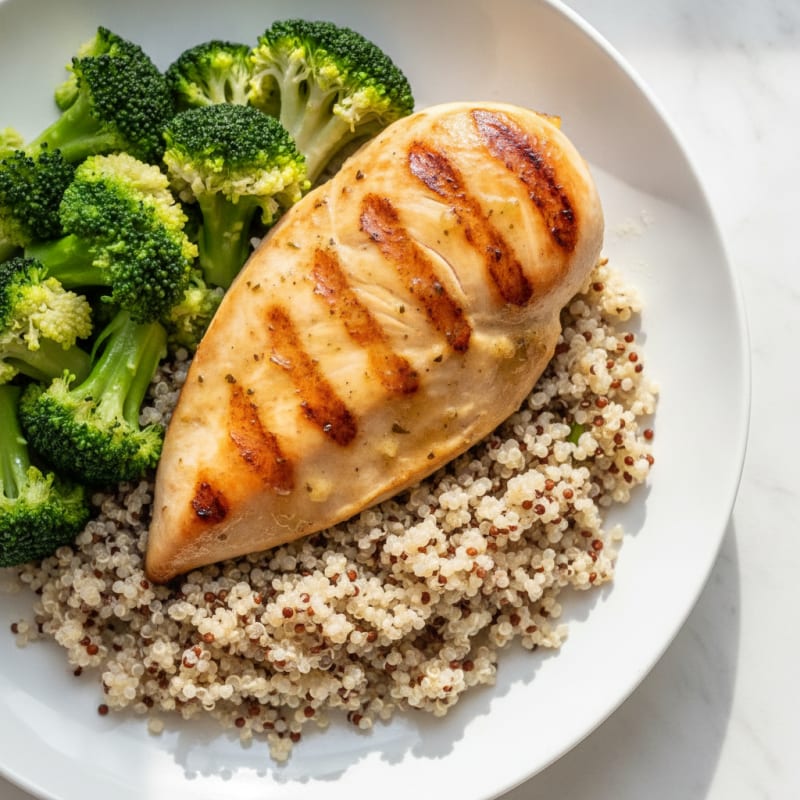 Grilled Chicken Breast with Steamed Broccoli and Quinoa