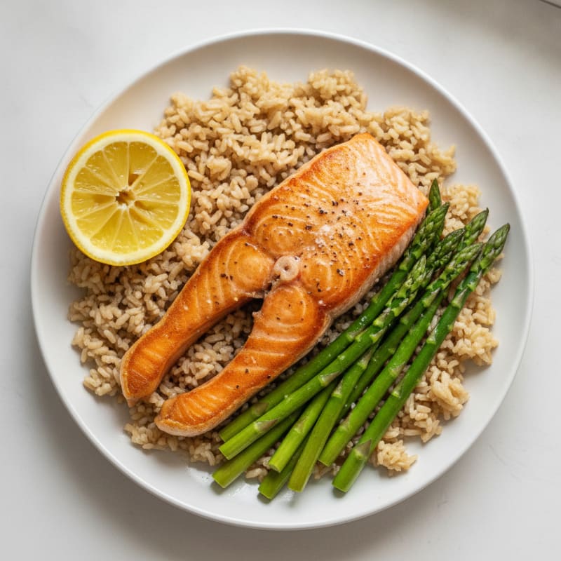 Seared Salmon Fillet with Steamed Asparagus and Brown Rice