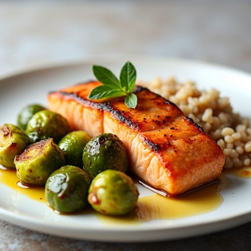 Seared Salmon Filet with Roasted Brussels Sprouts and Brown Rice