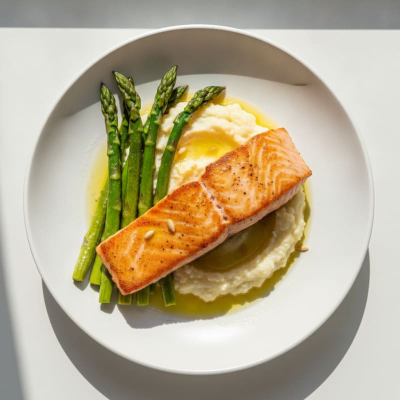 Seared Salmon Filet with Roasted Asparagus and Cauliflower Mash