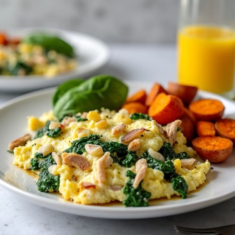 Egg White and Turkey Spinach Scramble with Roasted Sweet Potatoes