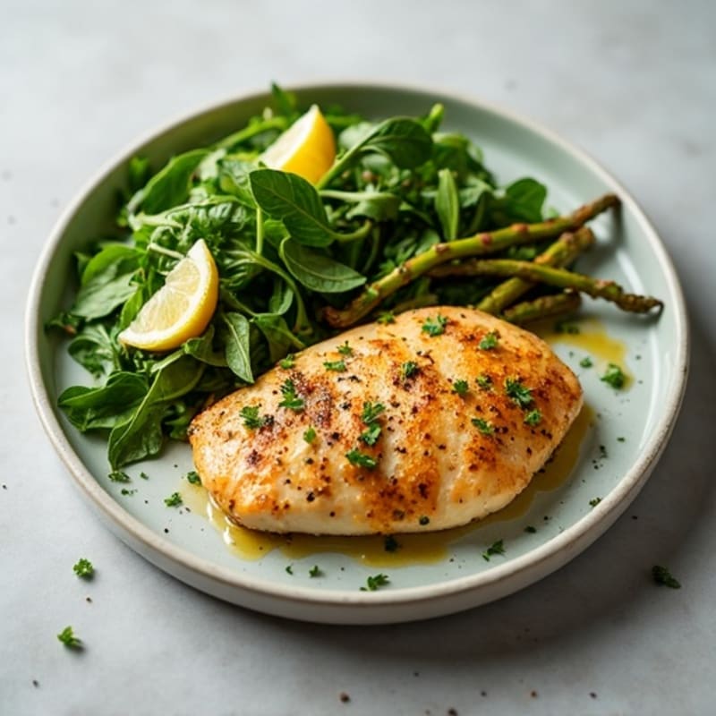Garlic Lemon Pan-Seared Chicken with Fresh Greens and Roasted Asparagus